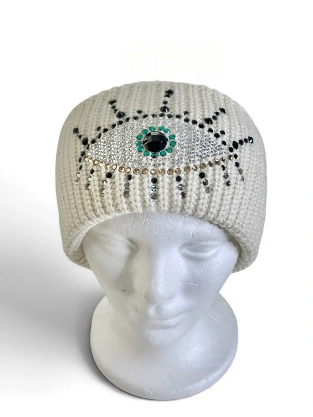 Kurt Geiger London Cream Crystal Evil Eye Wool Blend Beanie NWOT